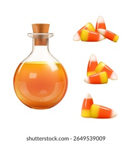 3d halloween witchcraft. Orange potion bottle and sweet candy corns isolated on white bg. Realistic render png set, cute trick or treat choice illustration. Gummy sugar or magic liquid bottle