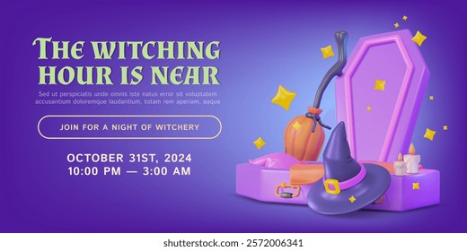 3d Halloween Witching Hours is Near Concept Ads Banner Poster Card Template. Vector illustration of Coffin for Dead, Witch Hat and Broom