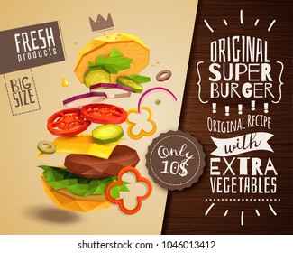 3D hamburger on beige background with beef patty and vegetables, horizontal poster with product advertising vector illustration