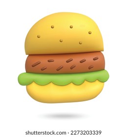 3D hamburger on white background. Plasticine cartoon style icon. Vector illustration design. 