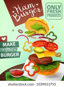 3D hamburger and sauce on brown wooden table, ad poster on green textured background vector illustration
