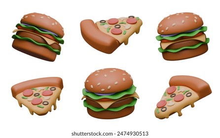 3D hamburger and slice of pizza in cartoon style. Set of vector colored objects