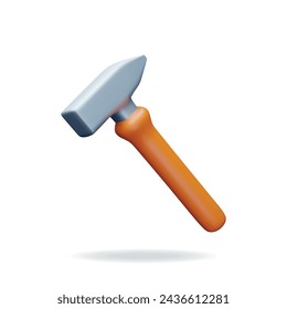 3d Hammer Tool Isolated. Render Hammer of Metallic Mechanic Tool Icon. Concept of Service, Construction Building and Maintenance Icon. Mechanical Engineering Workshop. Vector Illustration