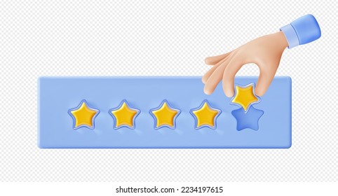 3D hand adding golden rating star, png icon. Happy customer leaving good feedback for service or goods. Best quality award. Client review sign isolated on transparent background. Vector illustration