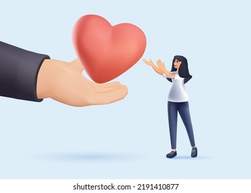 3D Hand with big red heart and woman. Support and kindness in community. Self care, psychology help, treatment, rehab. Female volunteer share empathy and hope with needy. Help life. 3D vector render svg