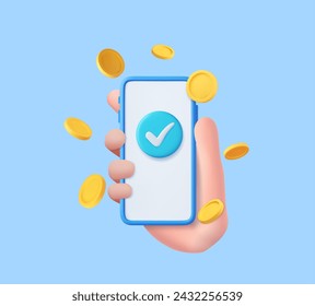 3d Hand of businessman holding mobile phone, check mark and golden coins. Mobile Online Payment and Transfer. Finance, Investment, Money Saving. 3d rendering. Vector illustration