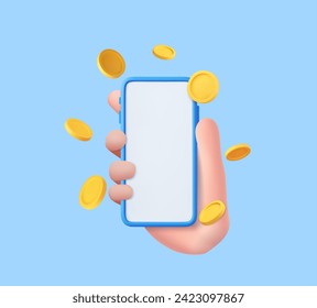 3d Hand of businessman holding mock up smartphone surrounded by golden coin, online shopping. Mobile Online Payment and Transfer. Finance, Investment, Money Saving. 3d rendering. Vector illustration