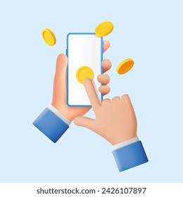 3d Hand of businessman holding mock up smartphone surrounded by golden coin, online shopping. Mobile Online Payment and Transfer. Finance, Investment, Money Saving. 3d rendering. Vector illustration