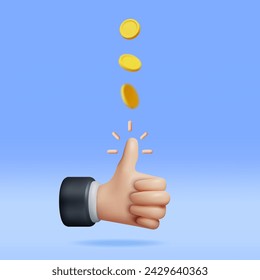 3D Hand of Businessman Tossing Golden Dollar Coin. Render Throw Coin by Hand. Decision Making by Chance with Coin. Excitement, Luck, Fortune. Vector Illustration