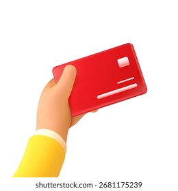 3d hand card. Arm hold credit or debit bank cards, pay goods in store contactless payment consumer using online shop buy business money cash id ticket render vector illustration
