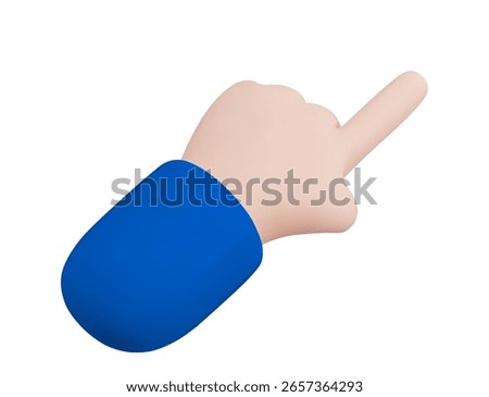 3d hand with click finger and blue sleeve. Index finger points to the right. Stock vector illustration on isolated background. 