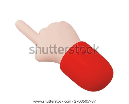 3d hand with click finger and red sleeve. Index finger points to the right. Stock vector illustration on isolated background. 