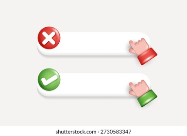 3D hand clicking check and cross buttons on search bar. Concept of yes or no, true or false, right or wrong, accept or reject, and positive vs negative feedback. 3D vector illustration.