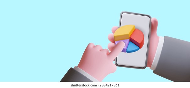 3D hand clicking on pie chart on smartphone screen. Advertisement of application for tracking statistics. Electronic reporting, analysis. Cartoon style concept