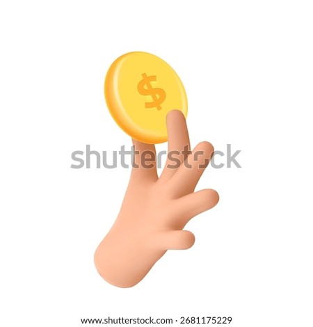 3d hand coin. Arm holding gold coins, giving money dollar finance budget fund save invest pay cash donation income cashback shopping business concept render vector illustration