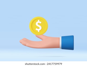 3d hand with coin flying. Saving money concept. Payment and Cash back. 3d rendering. Vector illustration