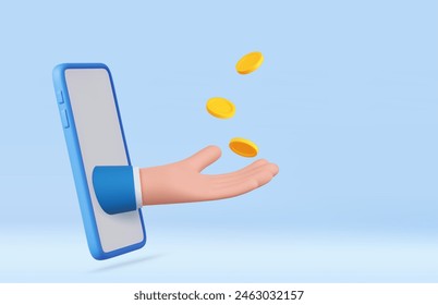 3d hand with coins flying. character hand sticking out the smart phone screen, throws up golden coins to the air. 3d rendering. Vector illustration