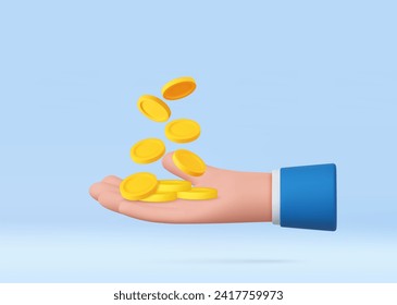 3d hand with coins flying. Saving money concept. Payment and Cash back. 3d rendering. Vector illustration