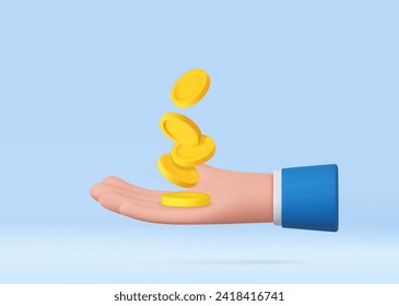 3d hand with coins flying. Saving money concept. Payment and Cash back. 3d rendering. Vector illustration