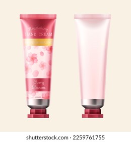 3d hand cream tube mock up set isolated on pearl white background. One with cherry blossom label, one without.