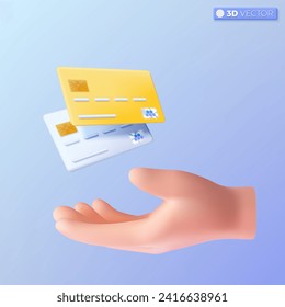 3d hand and credit card icon symbol. debit or credit, Business card, financial, security card, employee, Mockup concept. 3D vector isolated illustration, Cartoon pastel Minimal style.