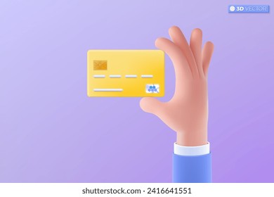 símbolo de icono de 3d con la mano y la tarjeta de crédito. débito o crédito, tarjeta de visita, financiero, de seguridad, empleado, concepto de "mockup". Ilustración aislada vectorial 3D, estilo Mínimo pastel de dibujos animados.