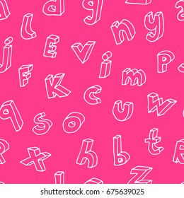 3d hand drawn letters seamless pattern. Vector background illustration in white over bright pink.