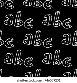 3d hand drawn letters seamless pattern. Vector background illustration in white over black.