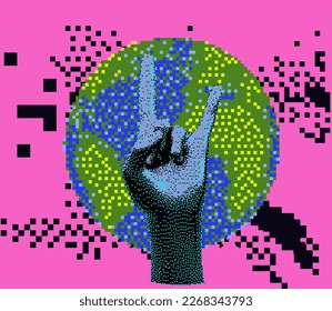 The 3D hand and Earth Globe World geography sphere map model in pixel art style.