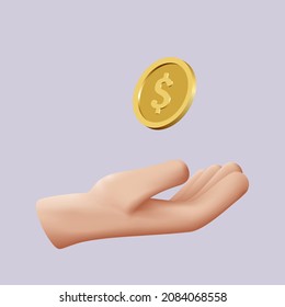 3D hand and falling dollar coin. The concept of income, payment. Color vector illustration, white isolated background.