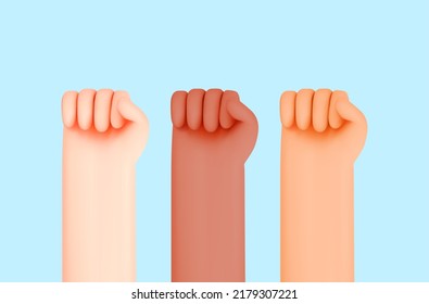 3d hand fist icon. Concept power,protest, revolution, racism, discrimination. Cartoon vector illustration.