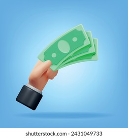 3D Hand Full of Dollar Banknotes Isolated. Render Money in Hand. Paper Cash Money. Growth, Income, Savings, Investment. Symbol of Wealth. Business Success. Vector illustration.