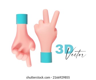 3D hand gesture. Cartoon style. Click, show, victiry, cool.