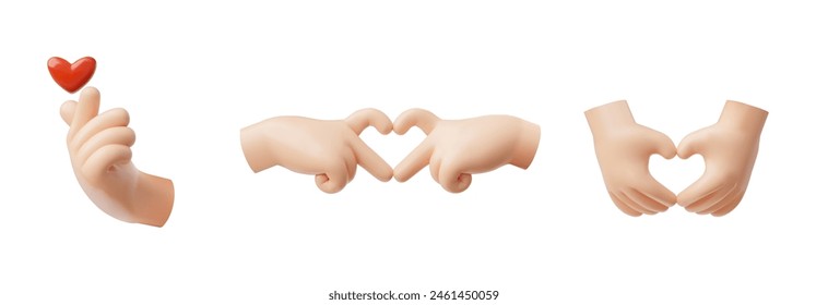 Iconos de gestos de mano 3D que representan y sostienen un corazón. Signo de expresión de amor y amistad y relaciones. El conjunto es ideal para interfaces de usuario de Sitio web y aplicaciones.