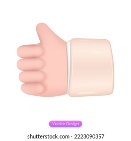 El pulgar de gesto de la mano 3D hacia arriba aislado sobre fondo blanco. Diseño realista de estilo de dibujos animados de 3d para aplicaciones móviles, plantilla de página web. Mano arriba o como signo. Ilustración vectorial 3d.