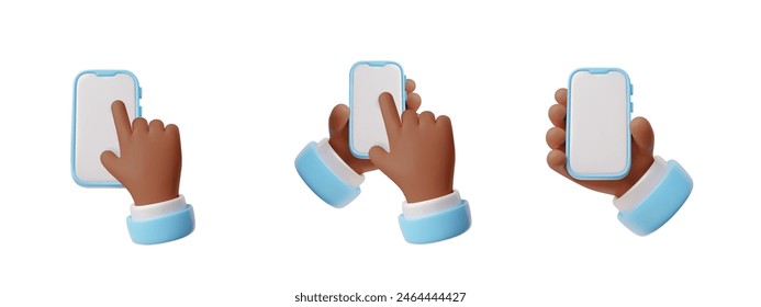 3D hand gestures icon illustration set showcasing different smartphone interactions, ideal for tech-related vector graphics.