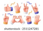 3d hand gestures icon set. Funny arm expressing different emotions. Thumbs up, palm, peace sign and heart. Design Elements for Social Media. Realistic vector illustration isolated on background