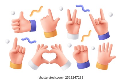 Conjunto de iconos de gestos de mano 3D. Brazo divertido que expresa diferentes emociones. Pulgares hacia arriba, palma, signo de paz y corazón. Elementos de diseño para redes sociales. Ilustración vectorial realista aislada en el fondo