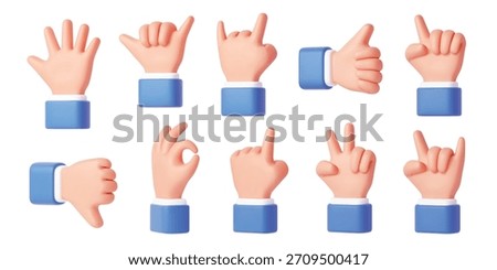 3d hand gestures, realistic arm icons. Vector human arms with thumbs up, pointing, peace sign and okay, fist and rock gesture, open palm hand for emoji and social media
