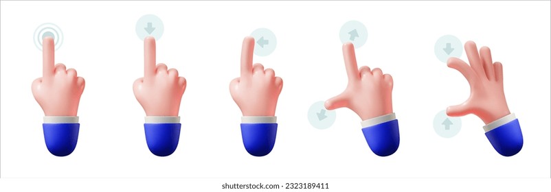 3d hand gestures for touchscreen such as swipe, scroll, pinch, tap, zoom and swipe. Vector cartoon illustration.