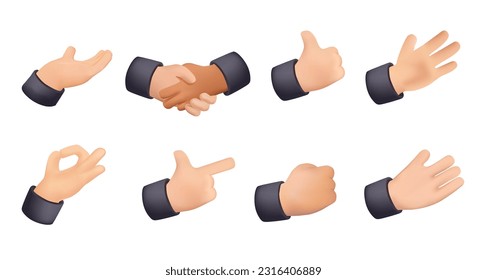 3D Hand gestures. Vector illustration set, counting fingers. Human gesture palm, pointing hand, communication language, pose and gesturing. 3D render illustration