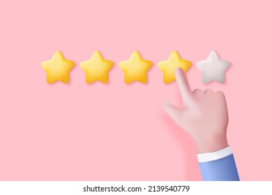 3d hand give rating five stars for best excellent services rating for satisfaction. 5 star for quality customer rating feedback concept from client about employee, product review. 3d vector render