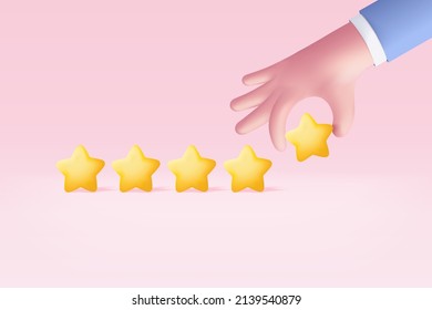 3d Hand Give Rating Five Stars For Best Excellent Services Rating For Satisfaction. 5 Star For Quality Customer Rating Feedback Concept From Client About Employee, Product Review. 3d Vector Render