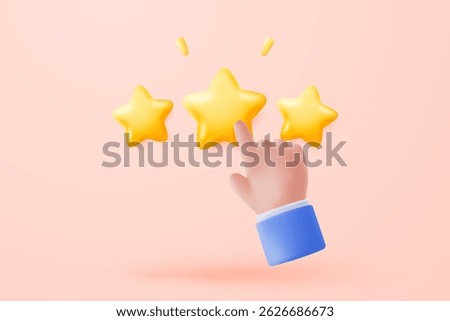 3d hand give rating five stars for best excellent services rating for satisfaction. 5 star for quality customer rating feedback concept from client about employee, product review. 3d vector render