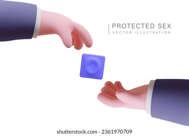3D hand gives condom to another. Person buys contraceptive. Classic method of protection against HIV, AIDS, syphilis, gonorrhea, and other venereal diseases. Poster in cartoon style