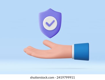 3d hand gives insurance shield. human hand gives insurance shield. 3d rendering. Vector illustration