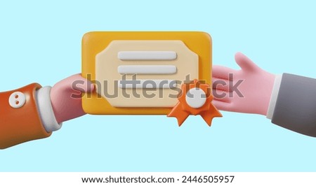 3D hand giving certificate to another. Diploma, certificate, official document awarding ceremony