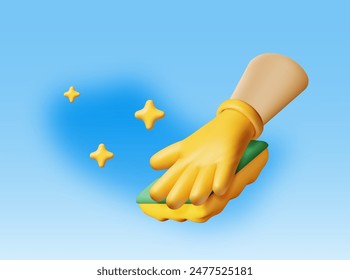 3D hand in gloves with sponge wash wall. Render cleaning service concept. Washing sponge. Kitchenware scouring pads. Kitchen and bath cleaning tool accessories. Vector illustration