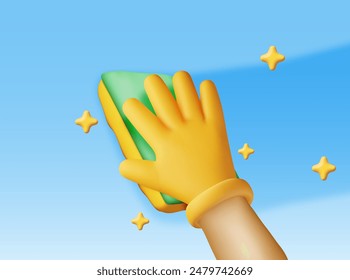 3D hand in gloves with sponge wash wall. Render cleaning service concept. Washing sponge. Kitchenware scouring pads. Kitchen and bath cleaning tool accessories. Vector illustration