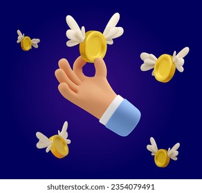 3d hand with gold coin background. Flying golden money with wings, vector illustration isolated on dark backdrop